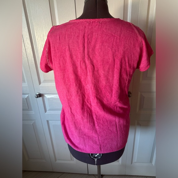 Hot pink linen blend top with silver metallic thread edging - Picture 7 of 9